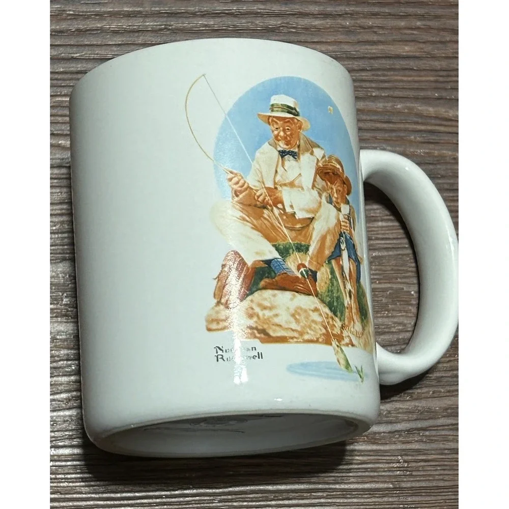 Norman Rockwell 1987 museum collections Coffee mugs cup set of 2 fishing Vintage